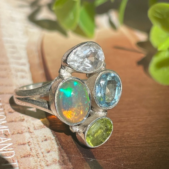 925 Sterling Silver natural Multi-Stone Fire Opal Ring,Topaz Peridot, OS - Picture 10 of 13